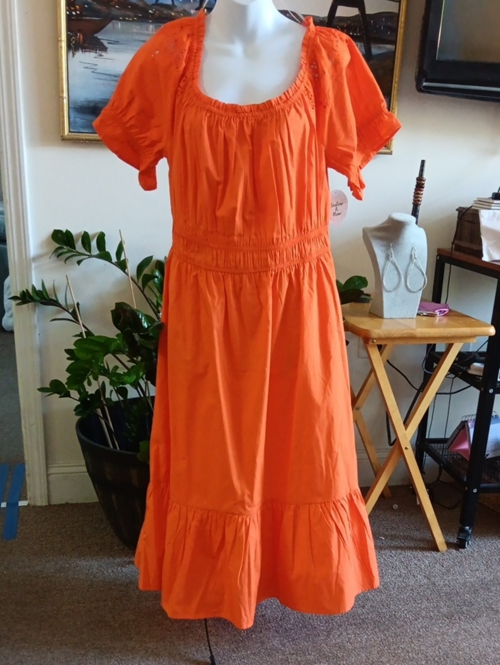 Harlow & Rose Orange Smocked Midi Dress with Puff Sleeves